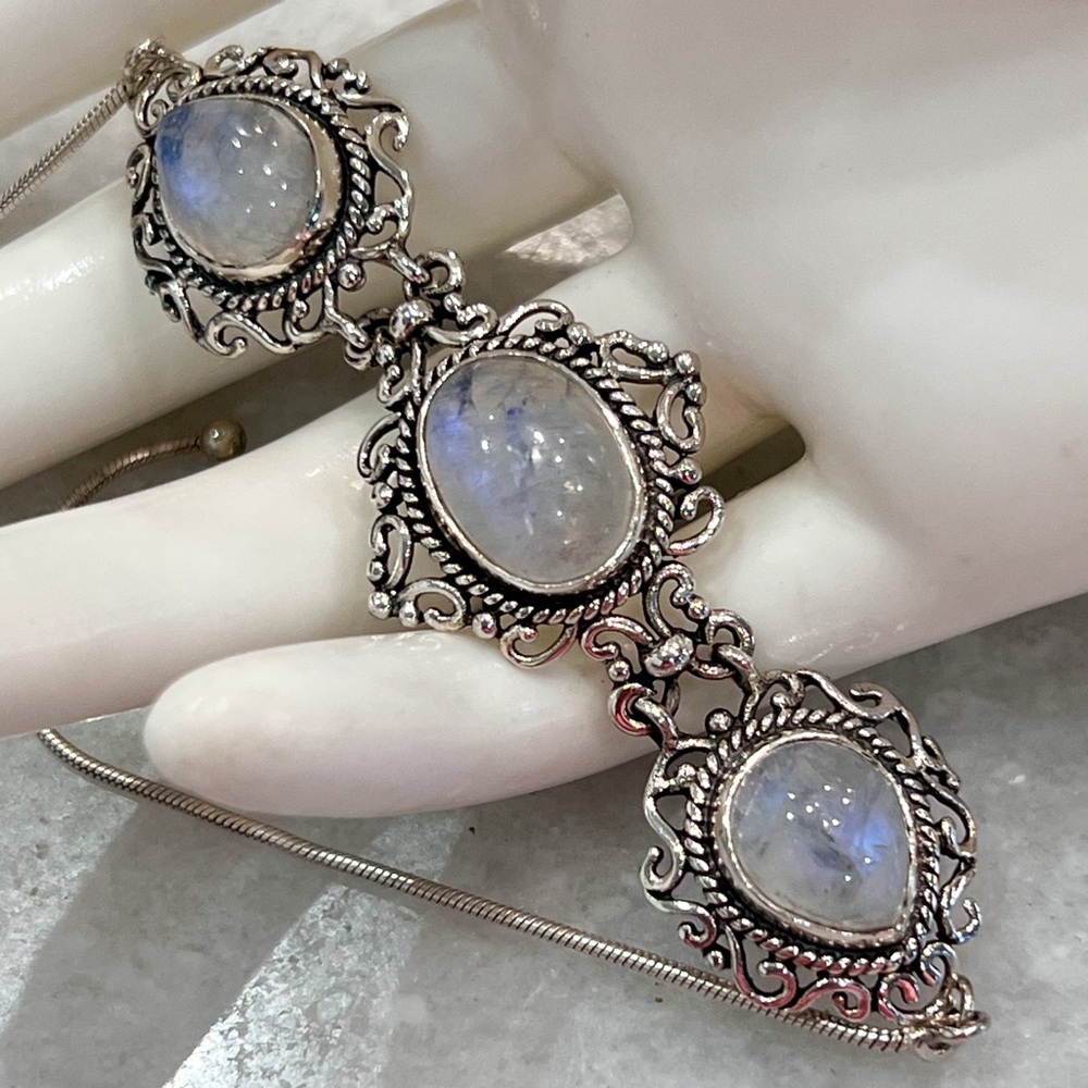Rainbow Moonstone Trilogy Sterling Silver Hinged BOLO Bracelet